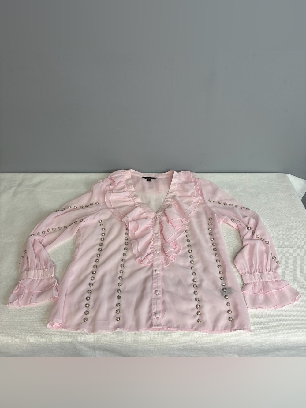 Boston Proper Parisian Pearl Embellished Ruffle Blouse/Cami Pink Sheer Sz L Flaw - Picture 6 of 16